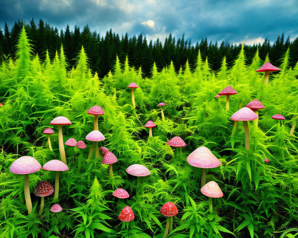 Lush forest with tall green ferns and red-capped mushrooms under dramatic sky