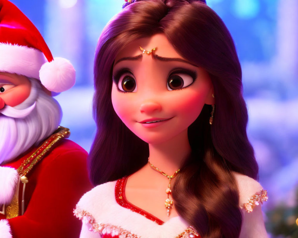 Festive animated girl in red dress with holly berry headpiece beside Santa Claus