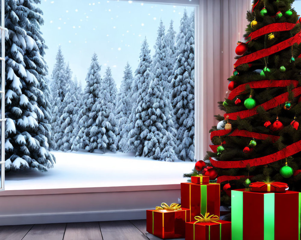 Decorated Christmas tree in cozy room with snowy forest view