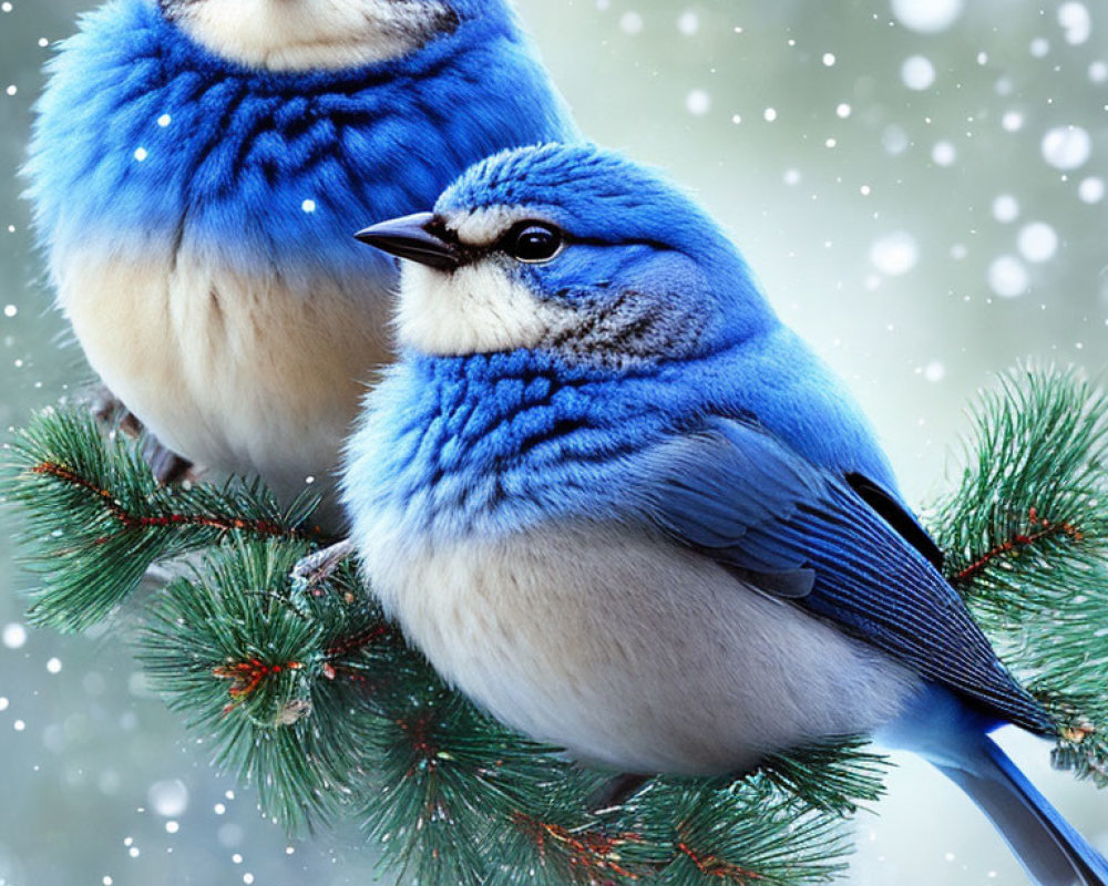 Vibrant blue birds on pine branch with falling snowflakes