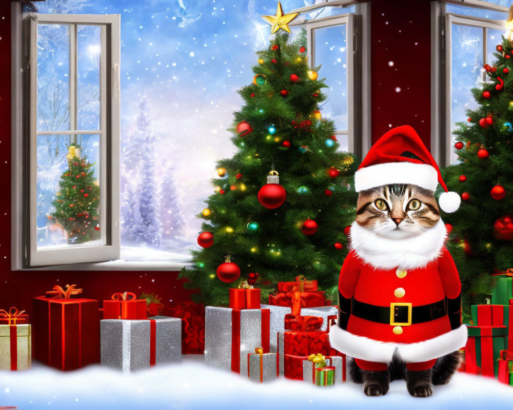 Cat in Santa Claus costume surrounded by gifts and Christmas decor.