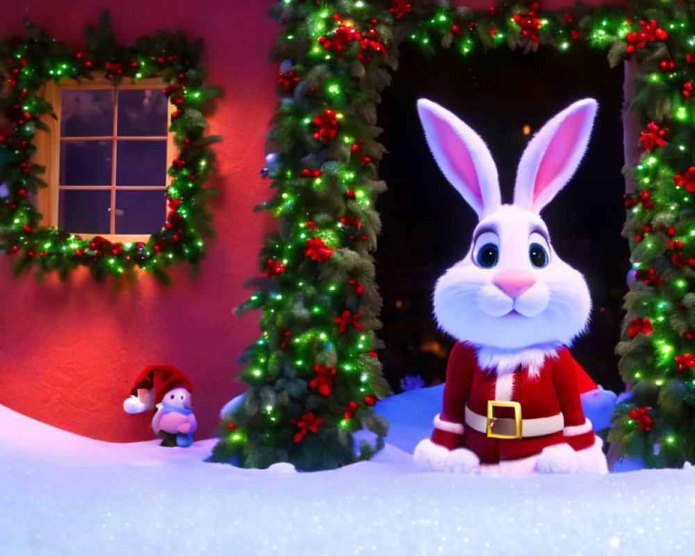 Cartoon rabbit in Santa costume at snowy festive house with penguin