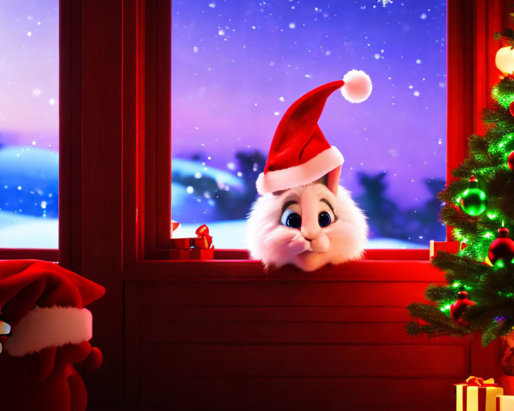 Cartoon rabbit in Santa hat gazes into festive room