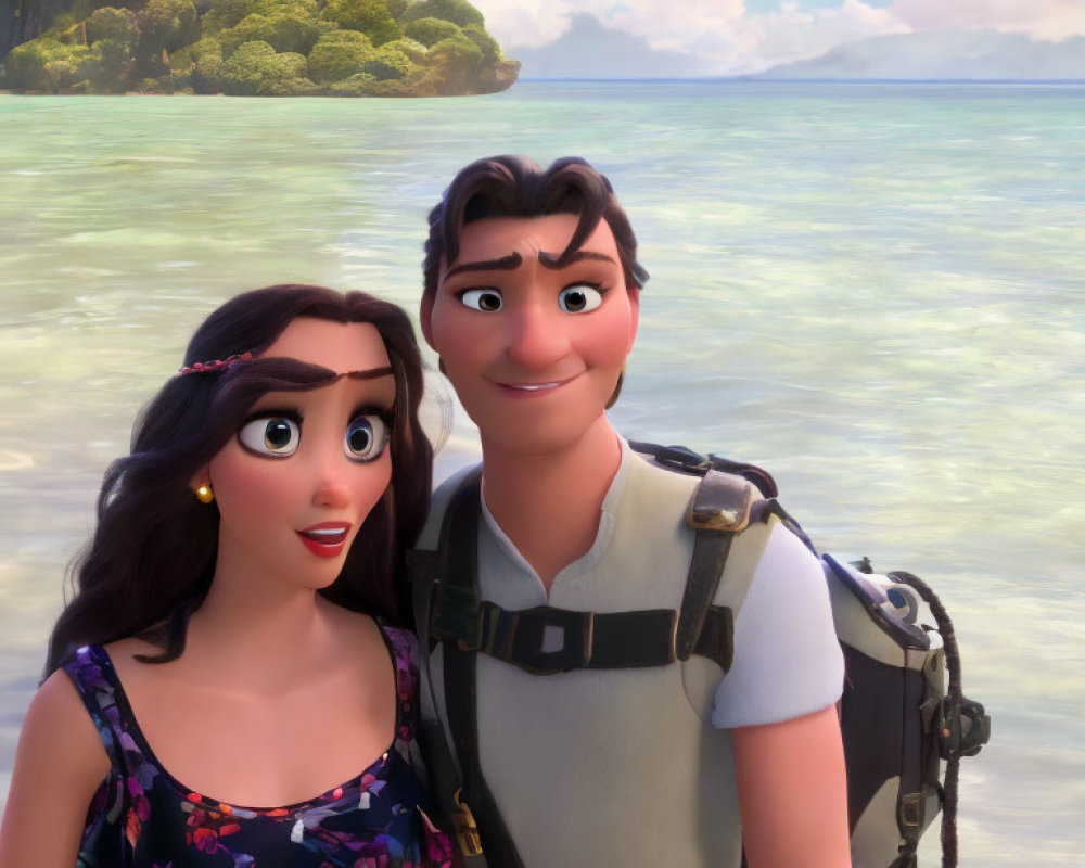 Male and female animated characters by the sea with tropical island backdrop.