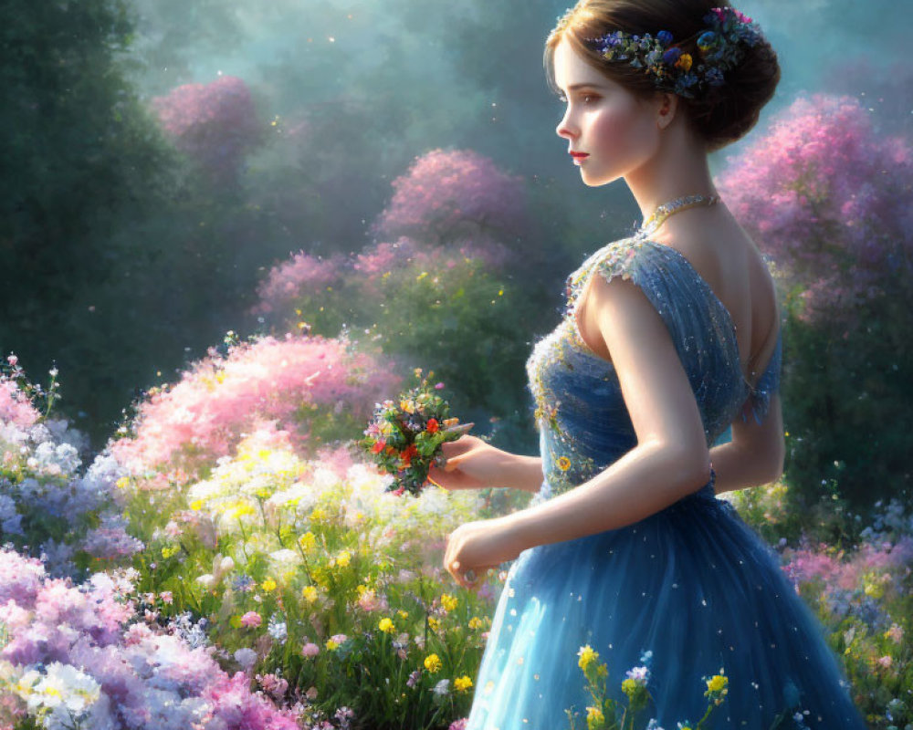 Woman in Blue Gown Surrounded by Blossoming Flower Field