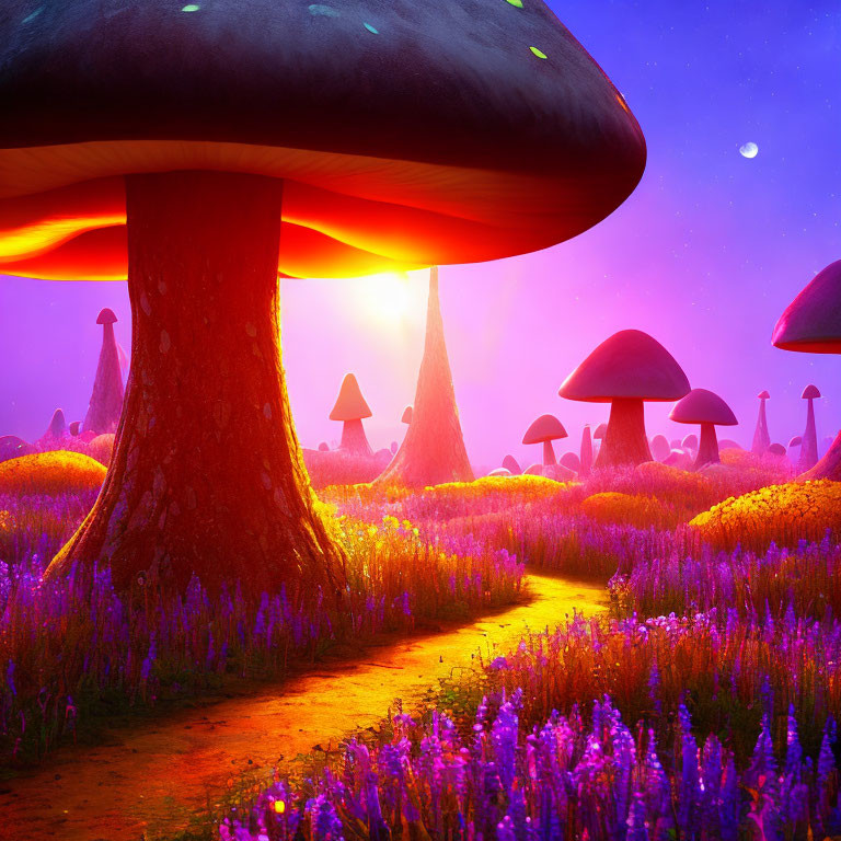 Fantasy landscape with oversized mushrooms and glowing flora at twilight