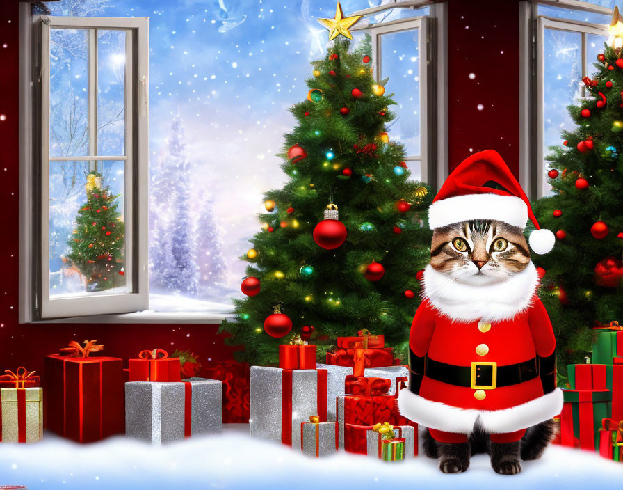 Cat in Santa Claus costume surrounded by gifts and Christmas decor.