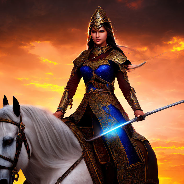 Warrior woman in ornate armor on white horse with glowing sword against fiery sky