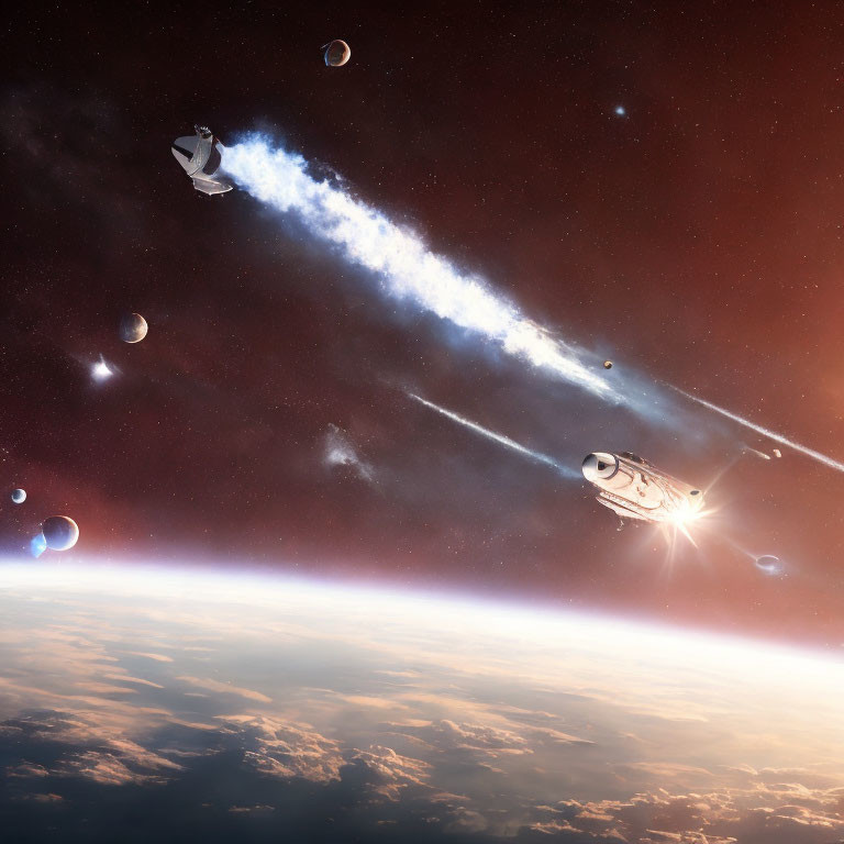 Spacecrafts leaving trails in cosmic backdrop with planets and bright horizon line