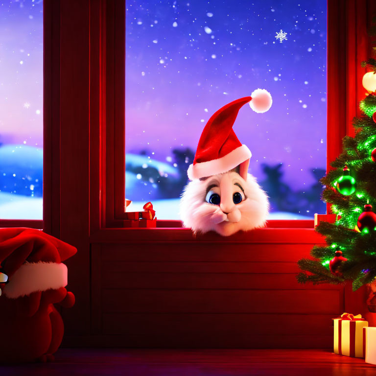 Cartoon rabbit in Santa hat gazes into festive room