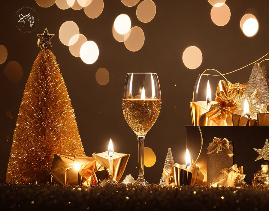 Golden Holiday Decorations, Champagne Glasses, Gifts, Candles, Bokeh Background