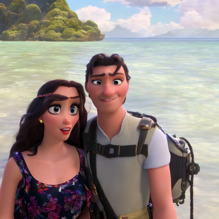 Male and female animated characters by the sea with tropical island backdrop.