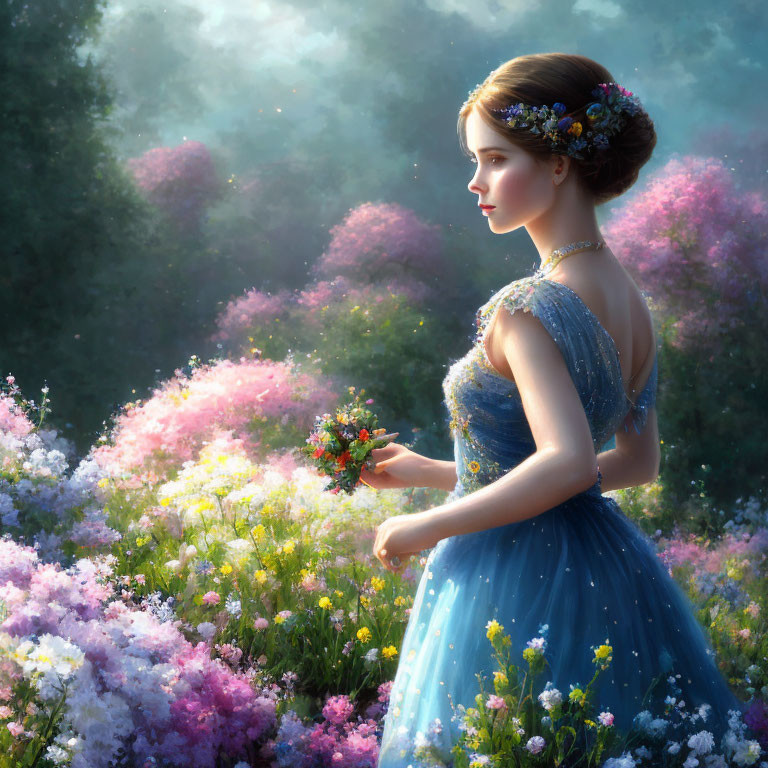 Woman in Blue Gown Surrounded by Blossoming Flower Field