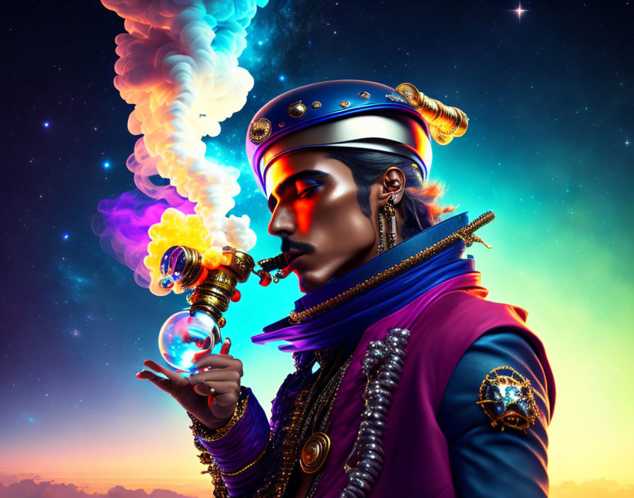 Futuristic digital art: person in uniform with colorful smoke pipe in cosmic setting