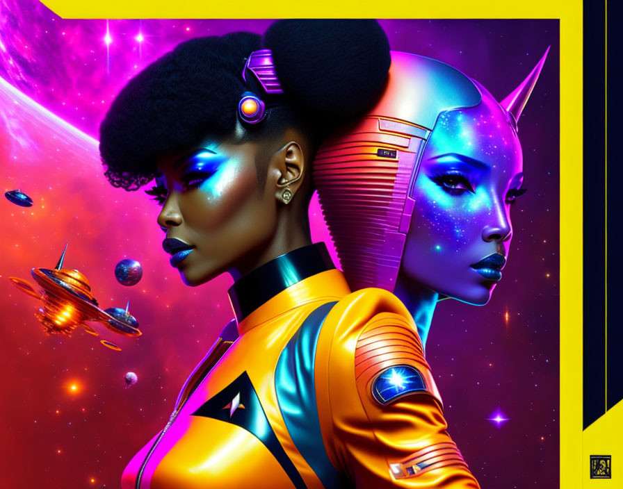 Afrofuturistic woman with modern hairstyle and robotic Egyptian profile in cosmic setting.