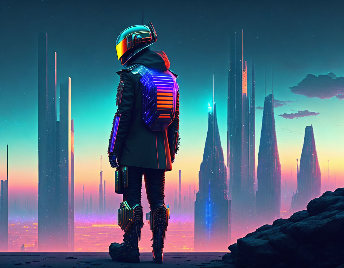 Futuristic figure in helmet and jacket gazes at neon-lit skyline