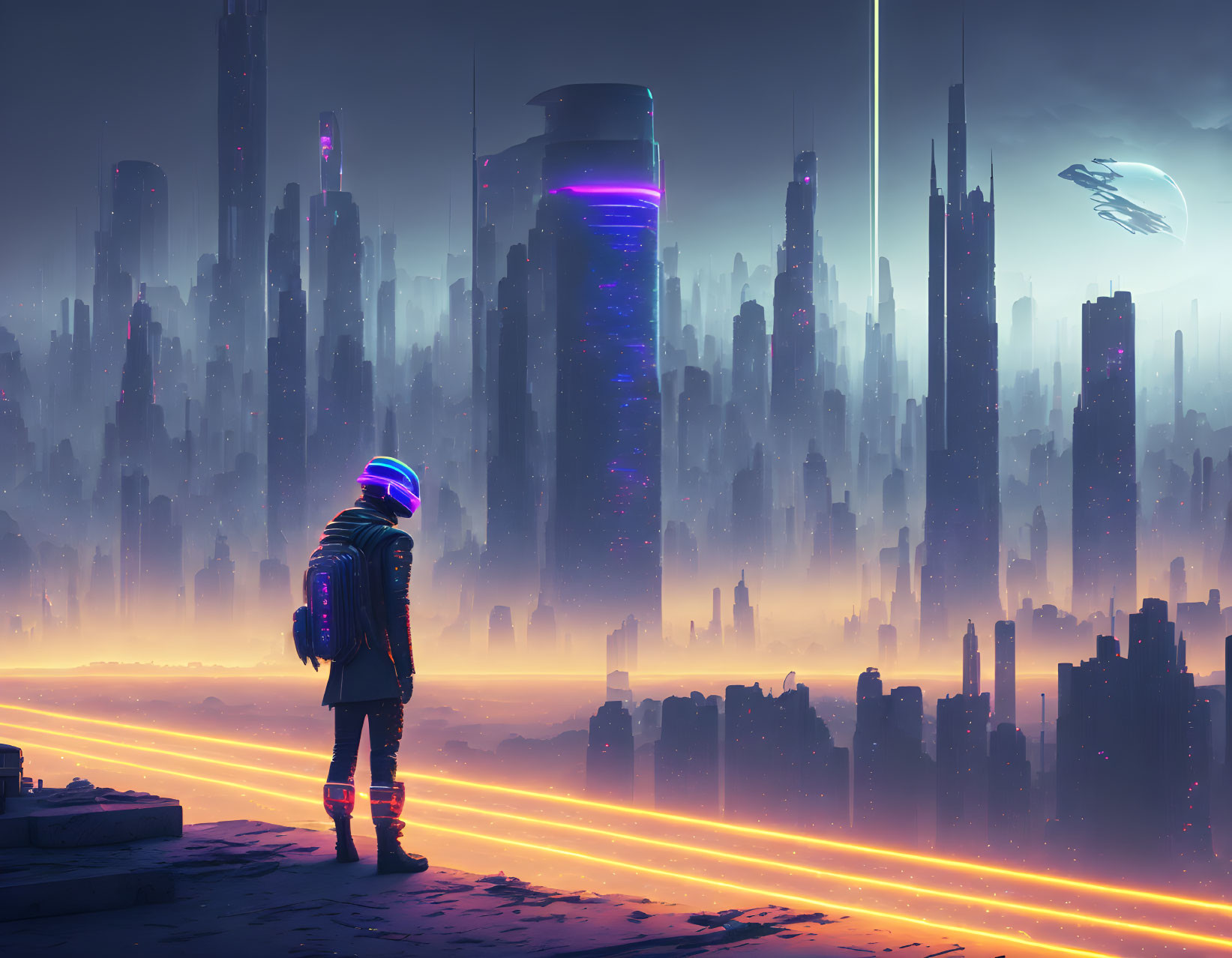 Futuristic spacesuit in cyberpunk cityscape at dusk