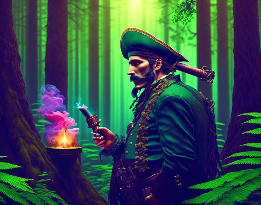 Pirate in vibrant forest with smoking pistol and colorful smoke