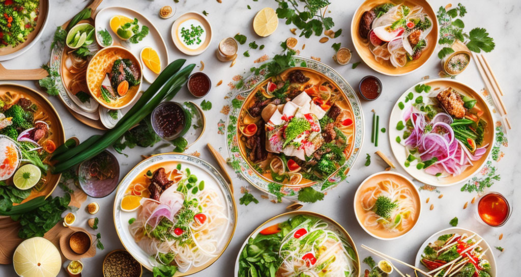 Assortment of Vietnamese dishes: pho, spring rolls, herbs, condiments