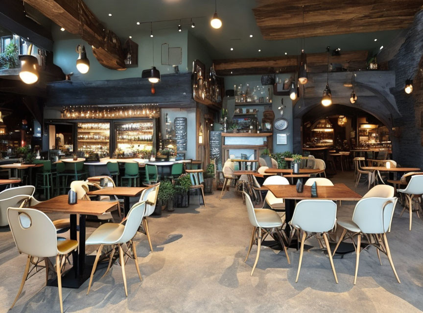 Modern restaurant with wooden tables, green chairs, well-stocked bar, rustic decor