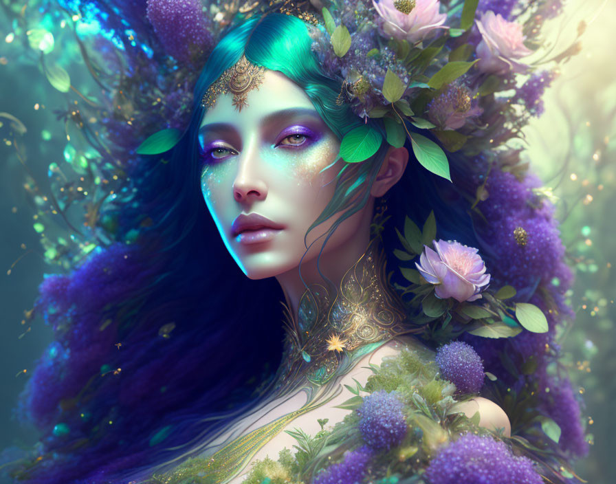 Fantasy portrait featuring person with green hair, floral crown, gold ornaments, surrounded by purple flowers.