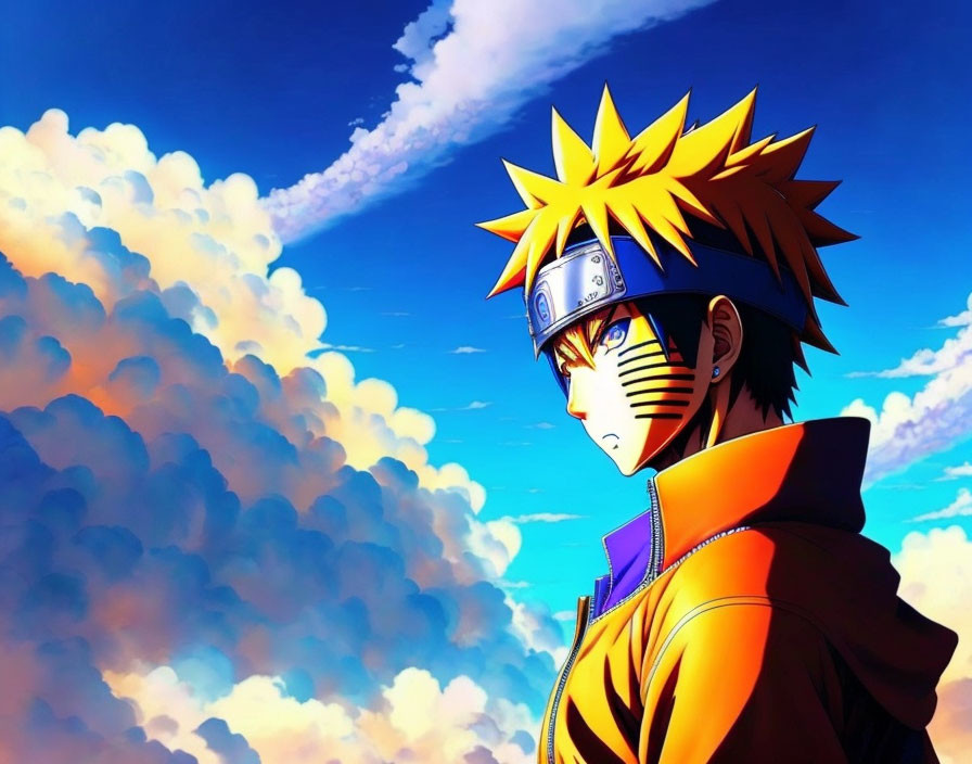 Spiky Yellow-Haired Animated Character in Orange Jacket on Blue Sky Background