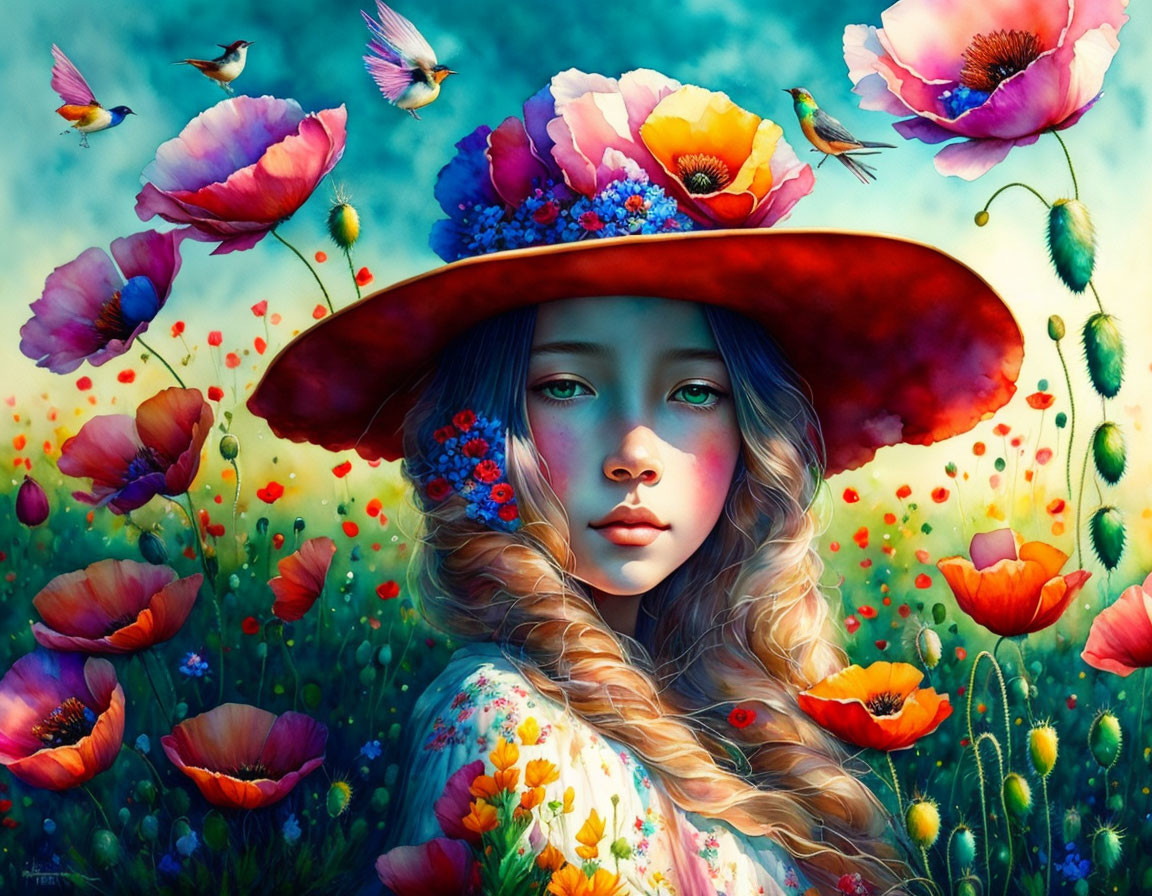 Vibrant artistic portrayal of girl in floral hat with poppies and birds.