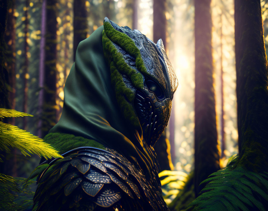 Dragon-like creature in scale armor, cloaked, in sunlit forest with ferns