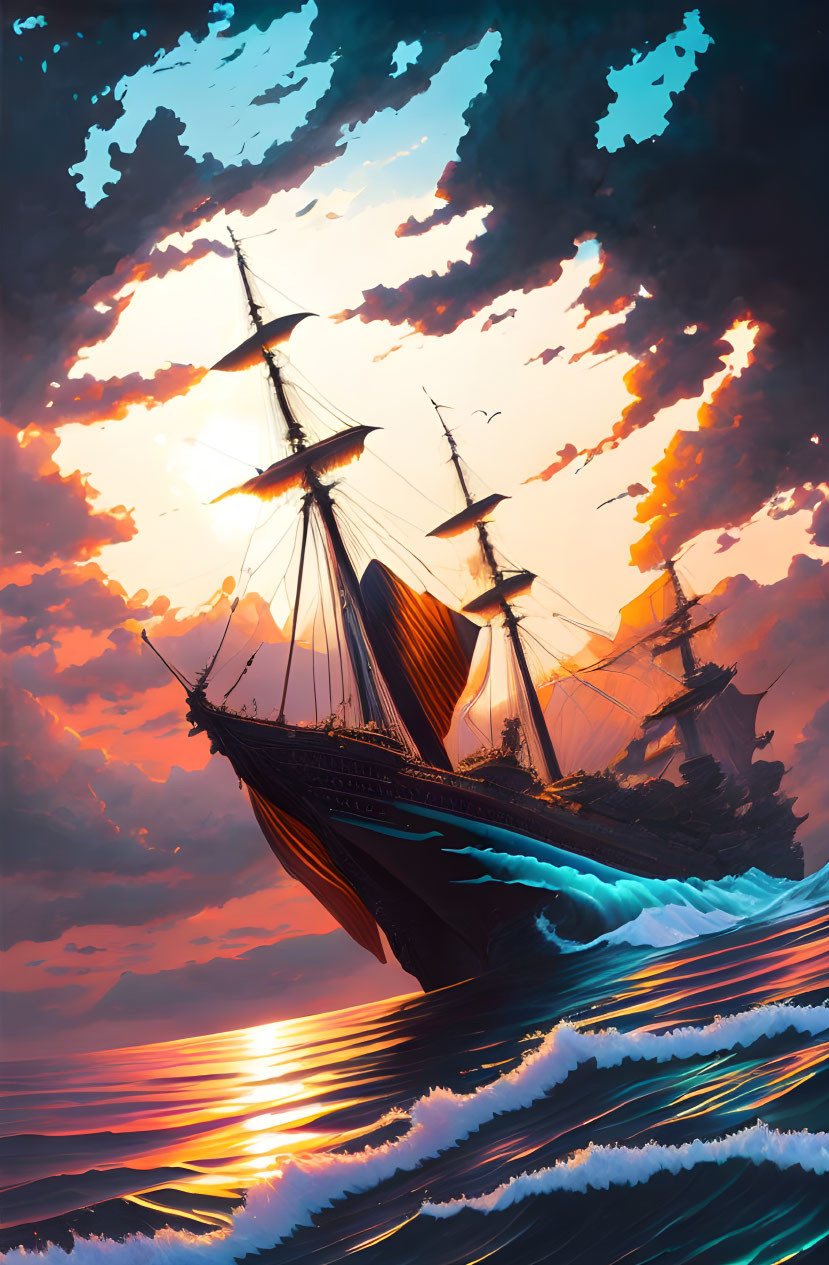 Majestic sailing ship on vibrant ocean under dramatic sunset