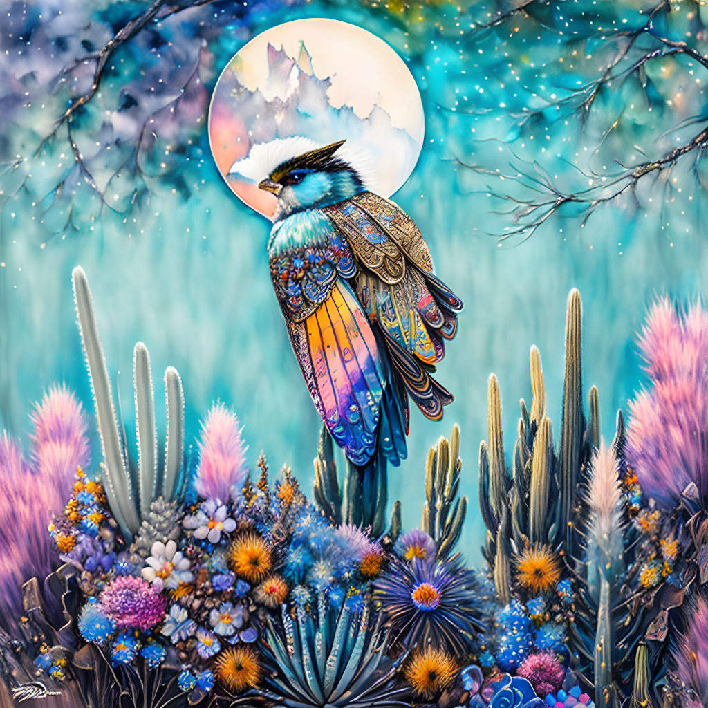 Colorful bird amidst flowers under full moon and silhouetted branches