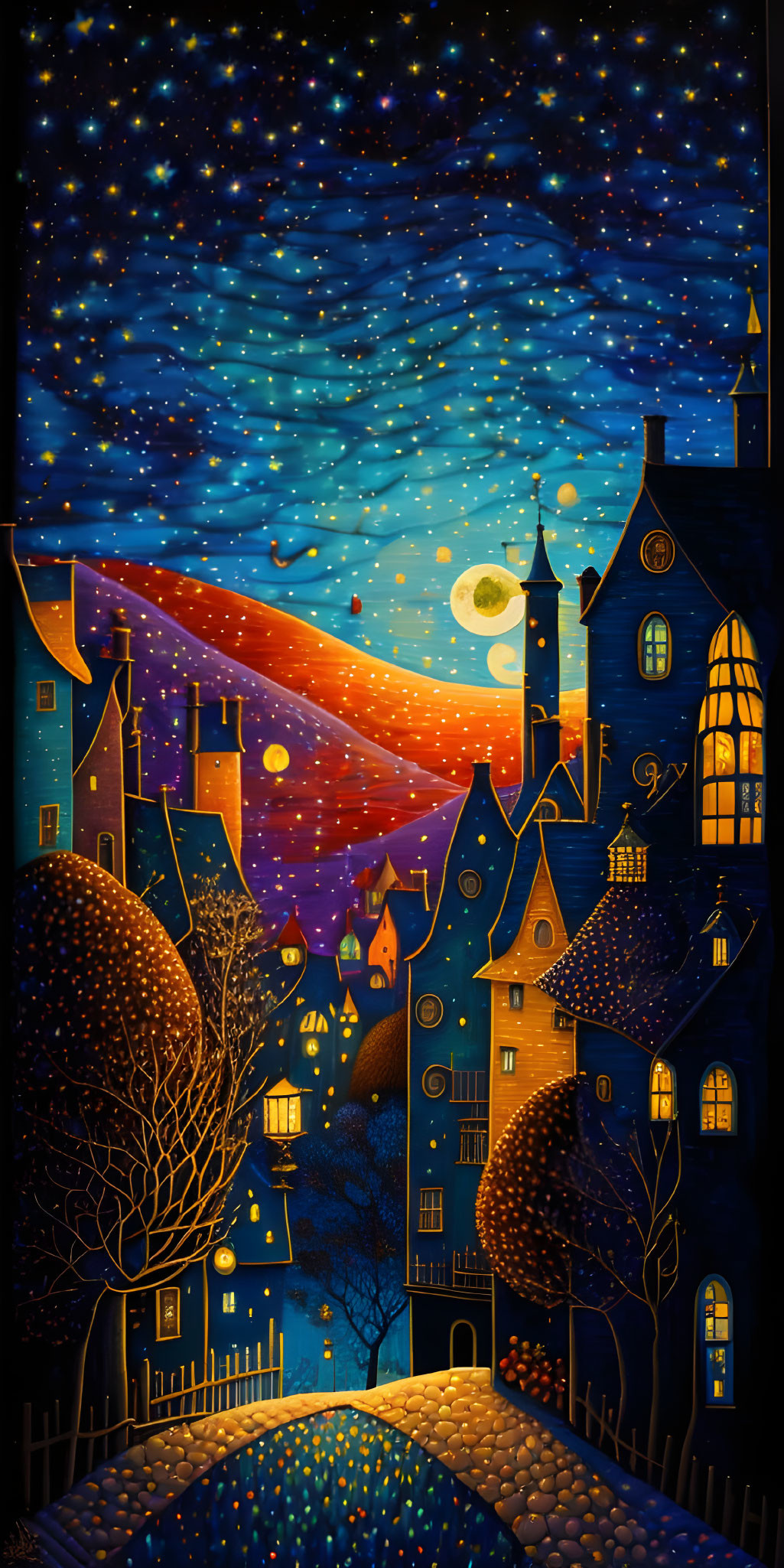 Whimsical town under starry night sky with crescent moon