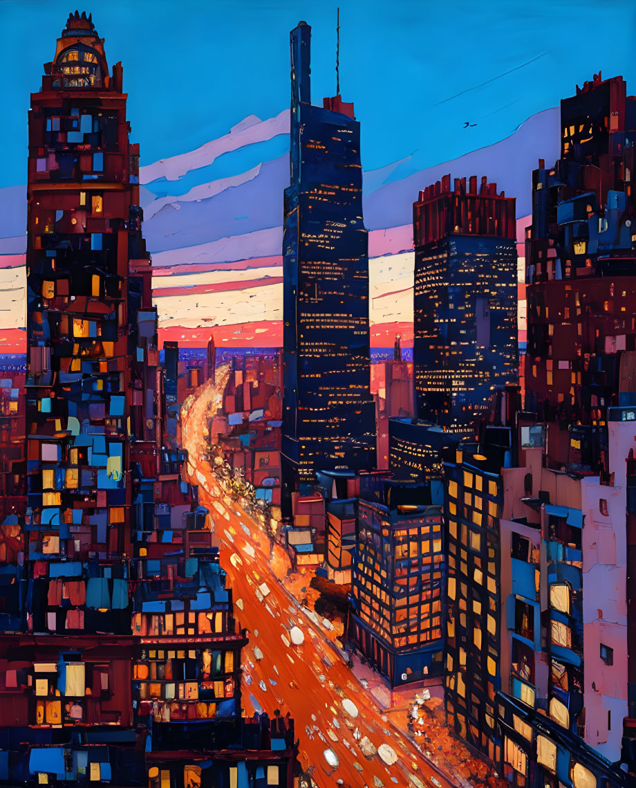 Cityscape at Dusk: Illuminated Buildings and Busy Street in Warm Sunset Glow