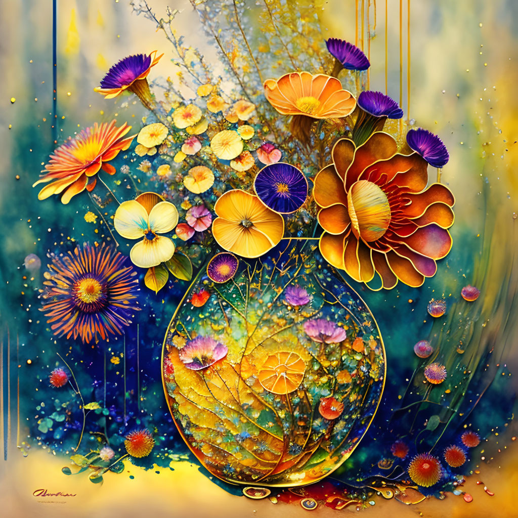 Colorful Flowers in Glass Vase on Golden Background