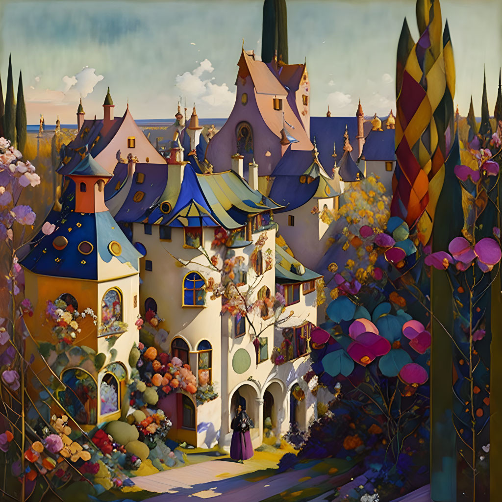 Fantasy illustration of whimsical castle, cloaked figure, and colorful balloons in vibrant scenery