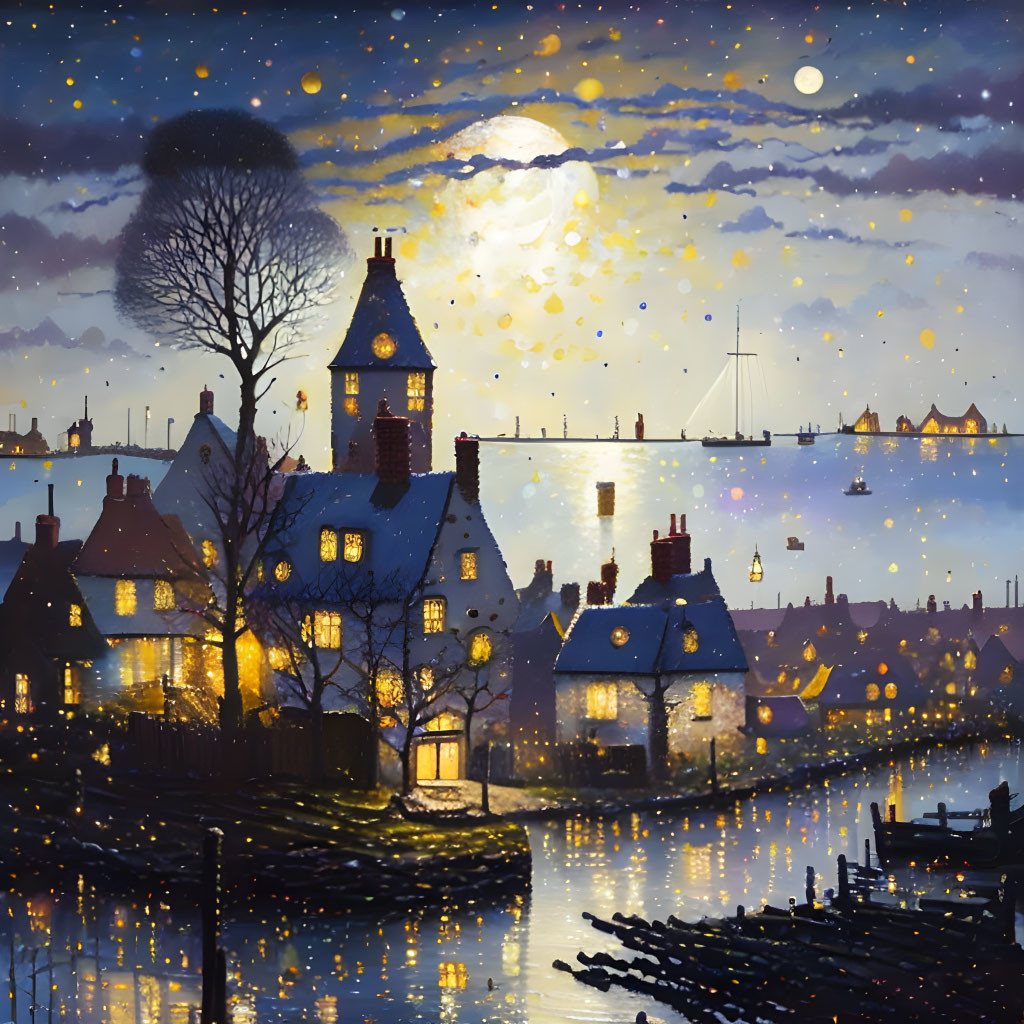 Night scene: quaint village, full moon, starry sky, calm river reflections