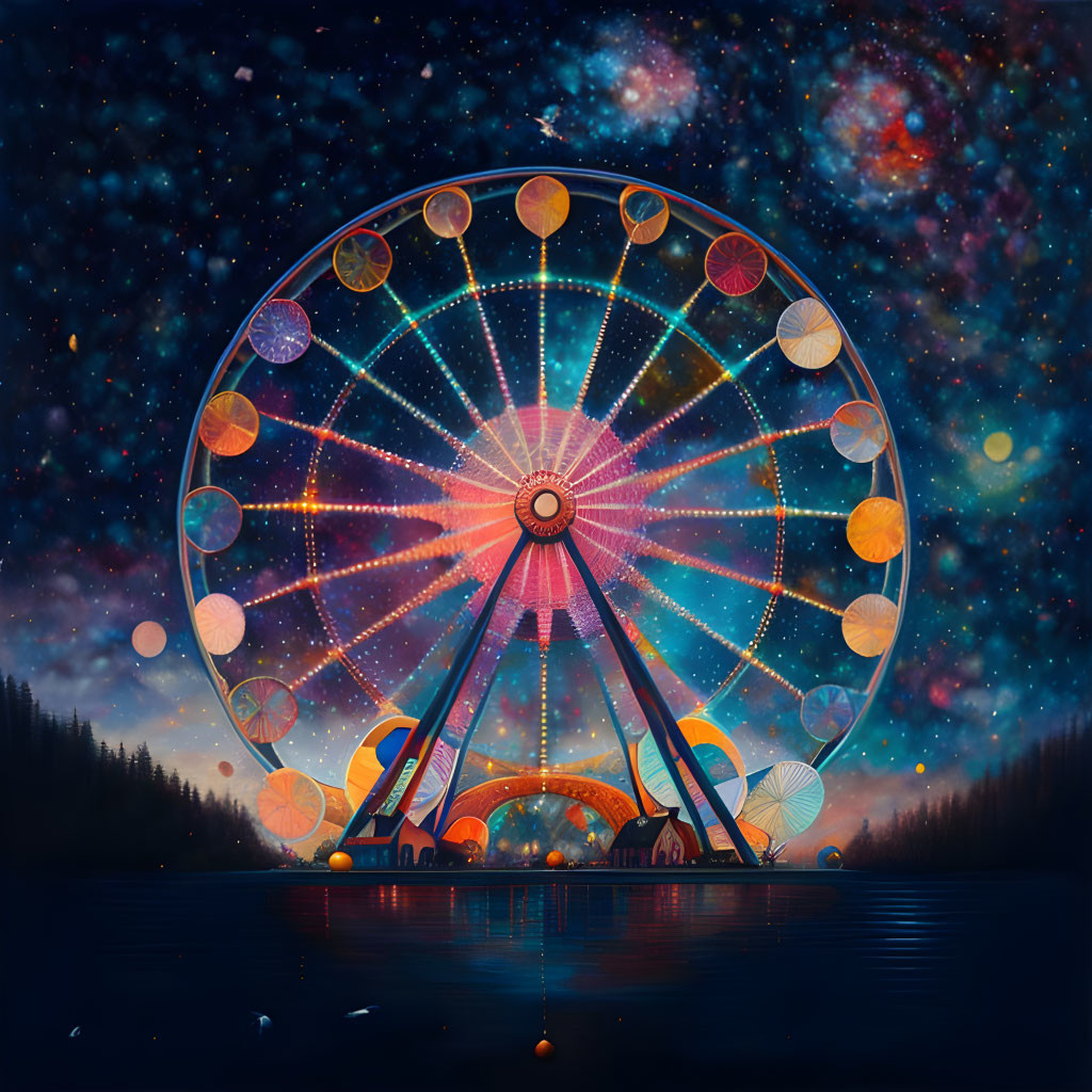 Colorful Ferris wheel under starry night sky reflected in water