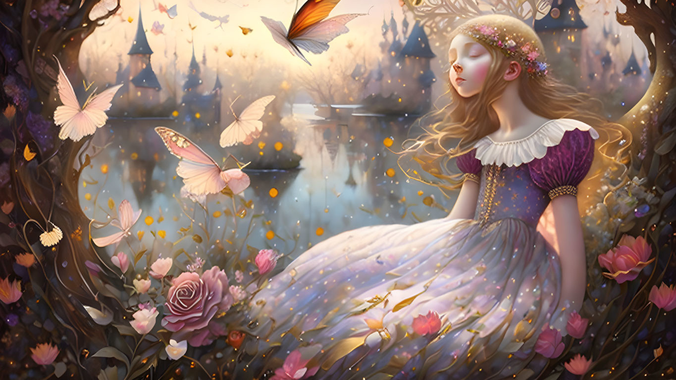 Young woman in pastel dress in magical forest with butterflies & tower