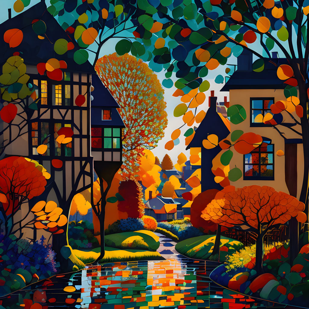 Colorful Autumnal Scene: Quaint Houses by River at Sunset