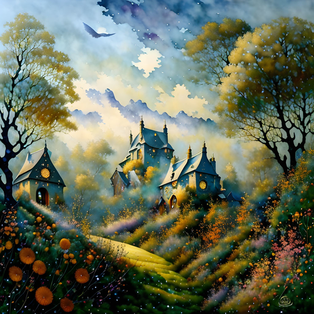 Vibrant whimsical painting of fantastical landscape with blue-roofed houses and lush trees