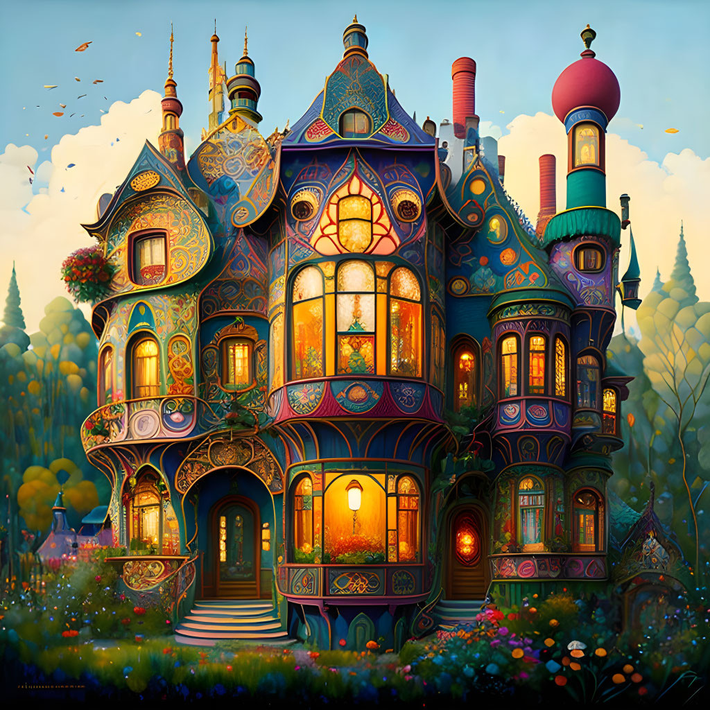 Colorful fantasy house with ornate windows and whimsical turrets in a magical forest