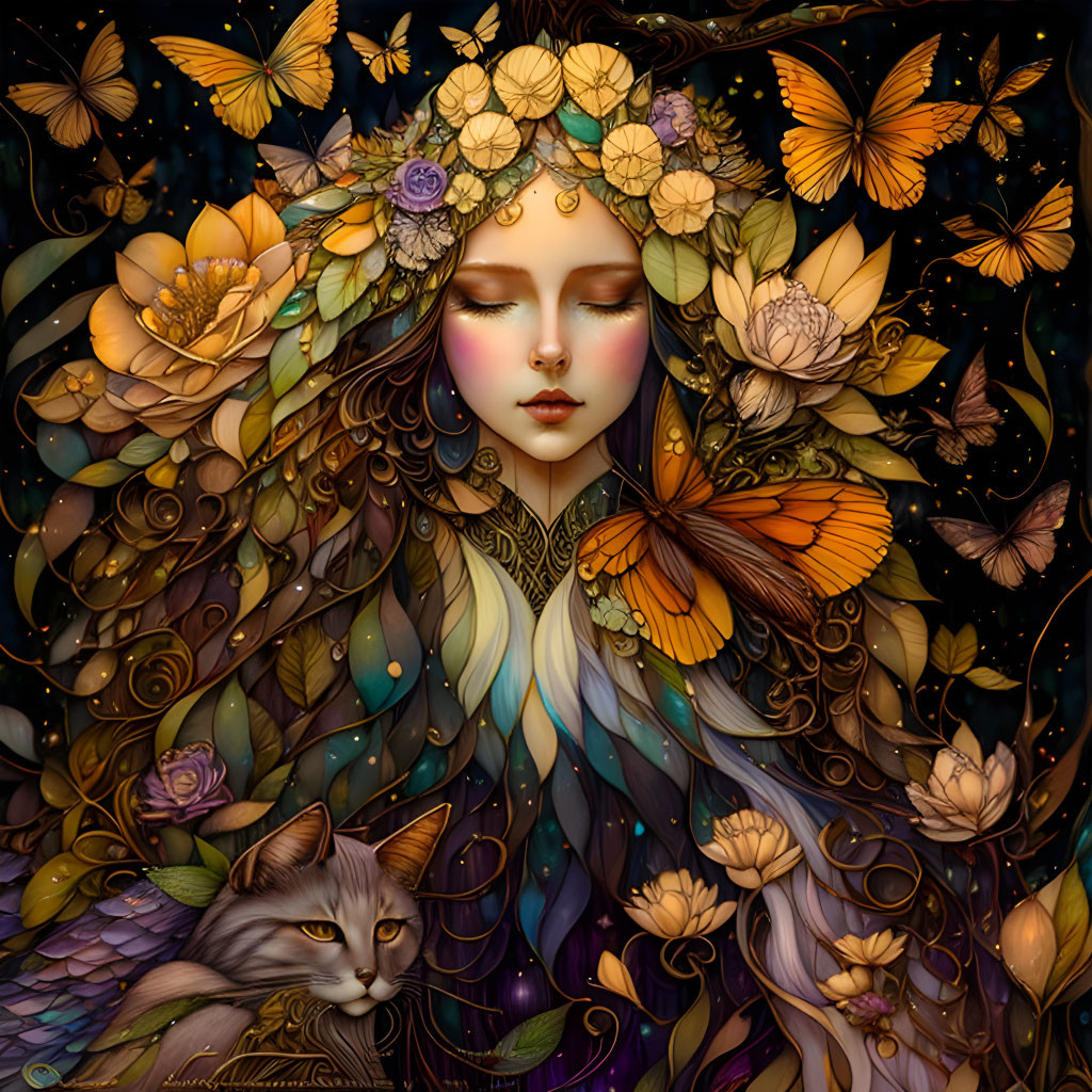 Illustrated woman with closed eyes, floral crown, butterflies, cat, colorful foliage