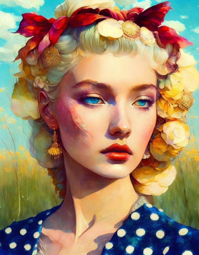 Portrait of Woman with Yellow Flowers in Hair and Teardrop, Blue Eyes, Golden Field Background