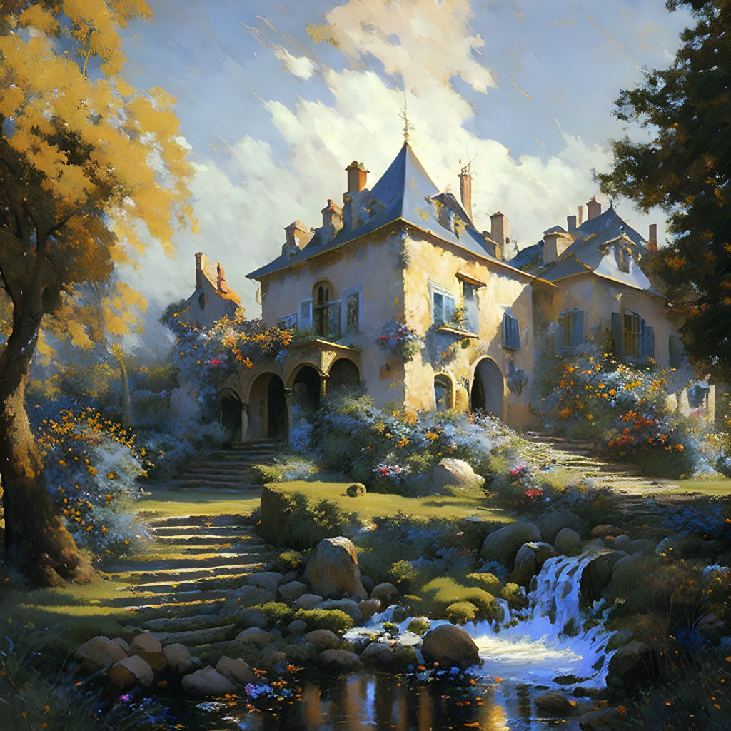 Tranquil painting of stately house in garden with waterfall