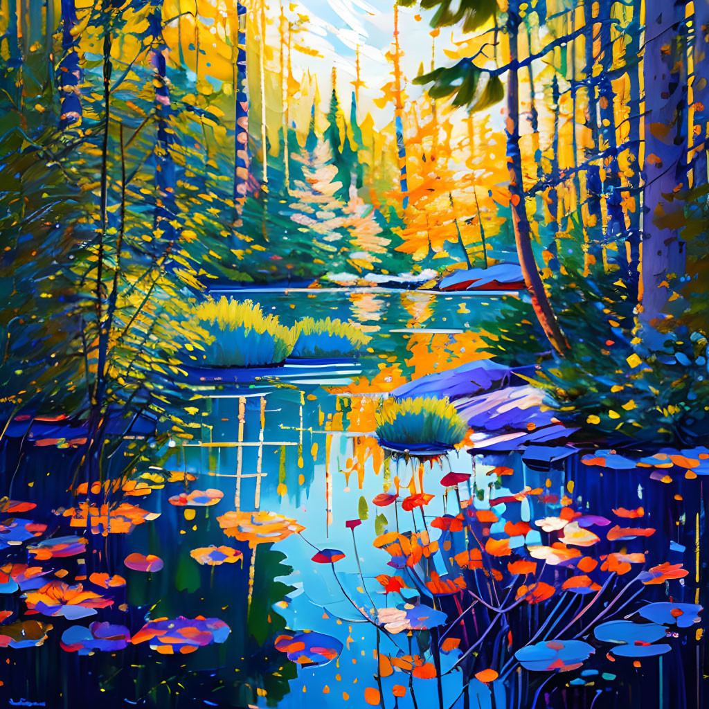 Colorful Forest Painting with Blue and Orange Tones Reflecting on Pond