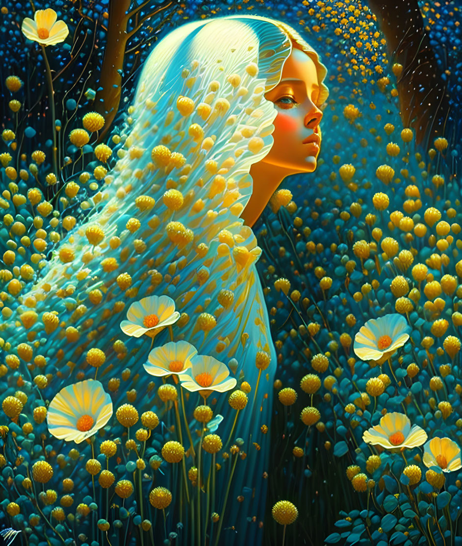 Illustration of woman in flowing hair among yellow flowers at night