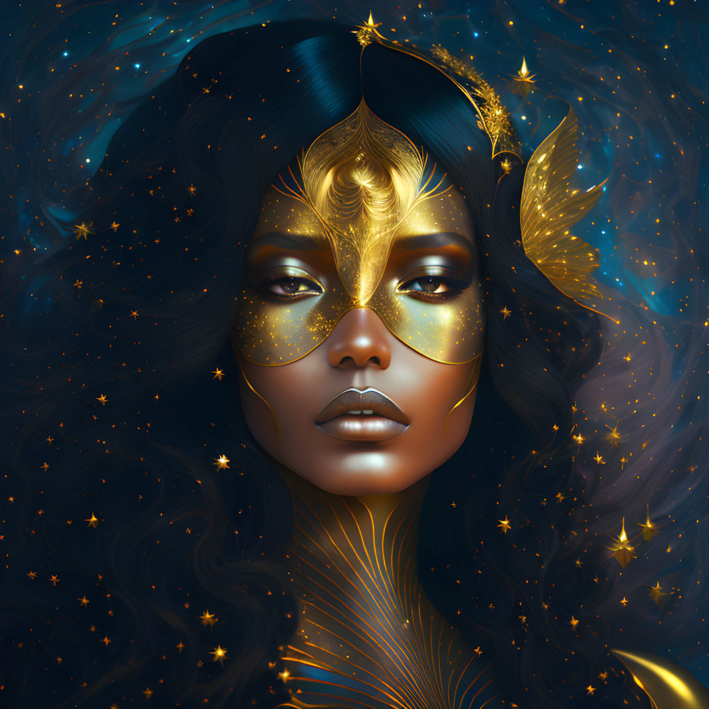 Illustration of woman with dark hair and celestial makeup surrounded by stars