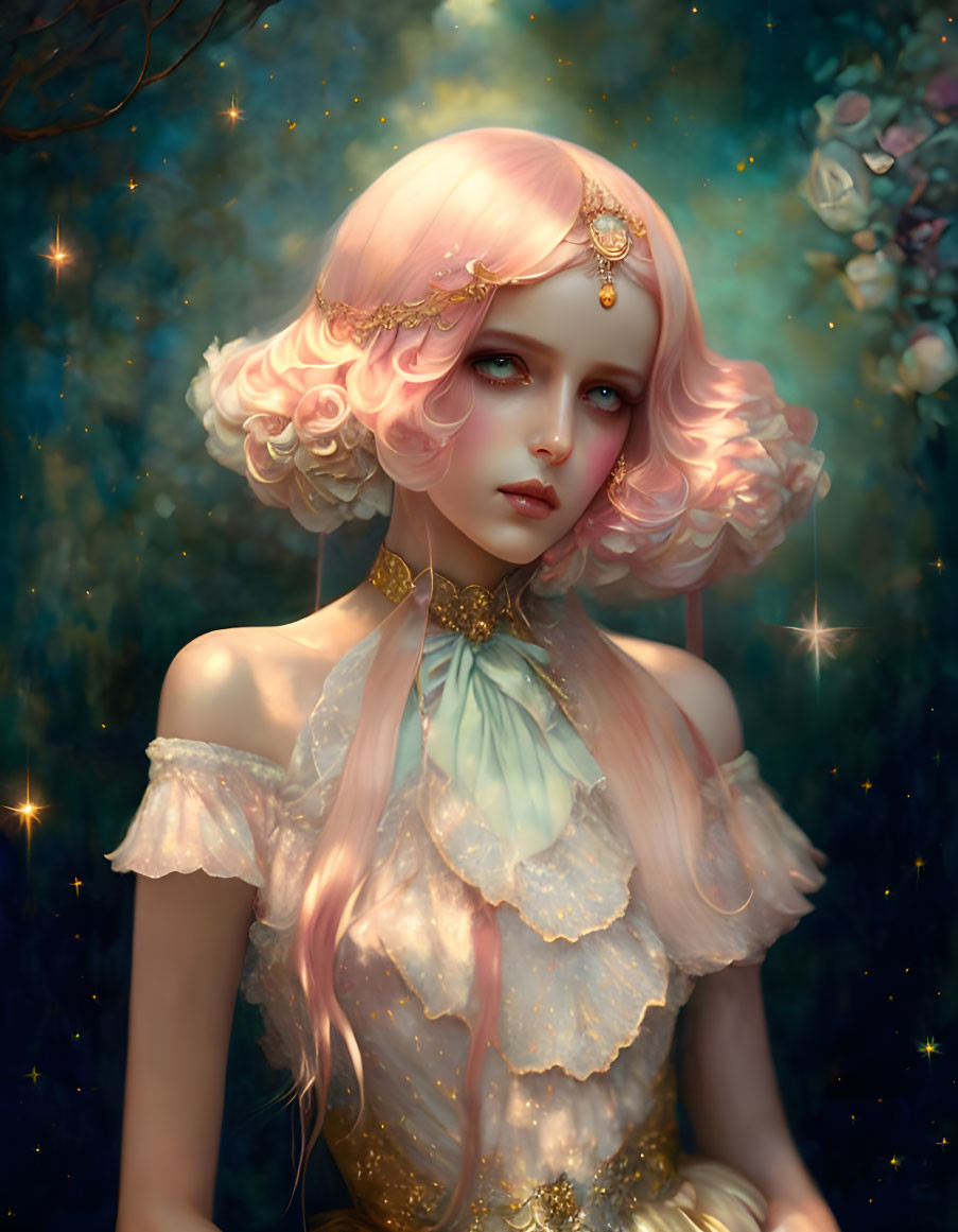 Fantasy Woman with Pink Hair and Gold Jewelry in Mystical Forest