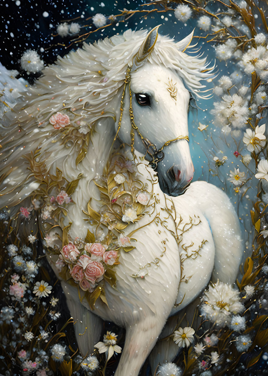 White Unicorn with Golden Horn and Chain Among White and Pink Flowers on Starry Night Background