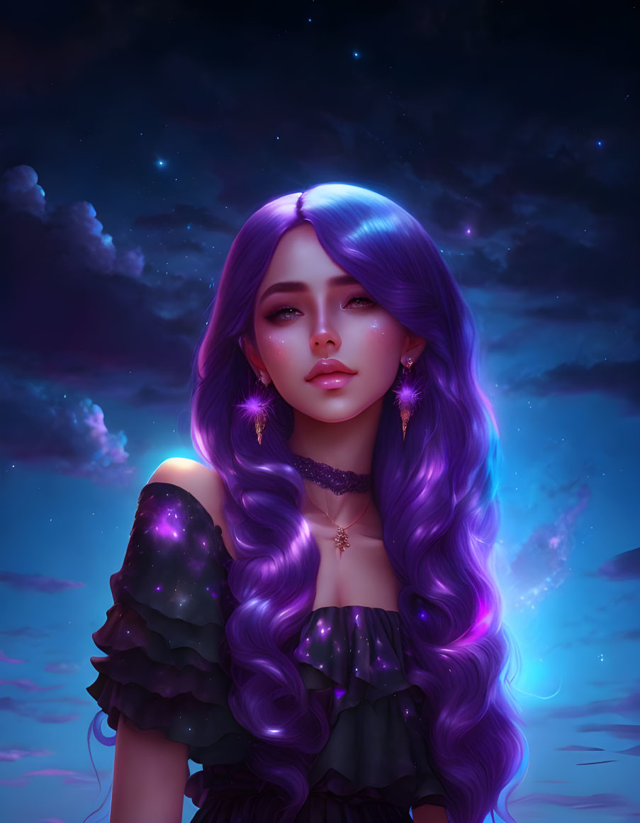 Digital portrait: Woman with purple hair in galaxy dress under starry sky