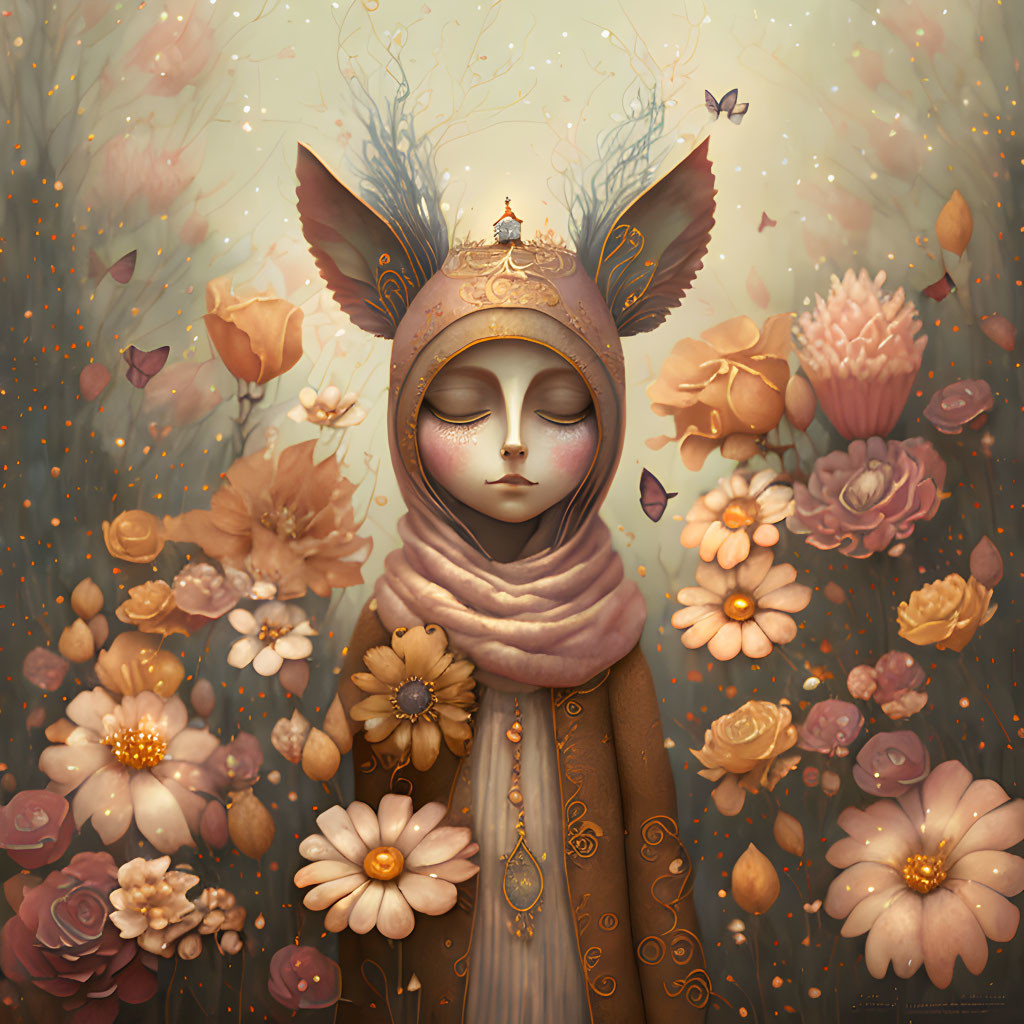 Whimsical illustration of serene character with fox-like ears and antlers amid lush flowers